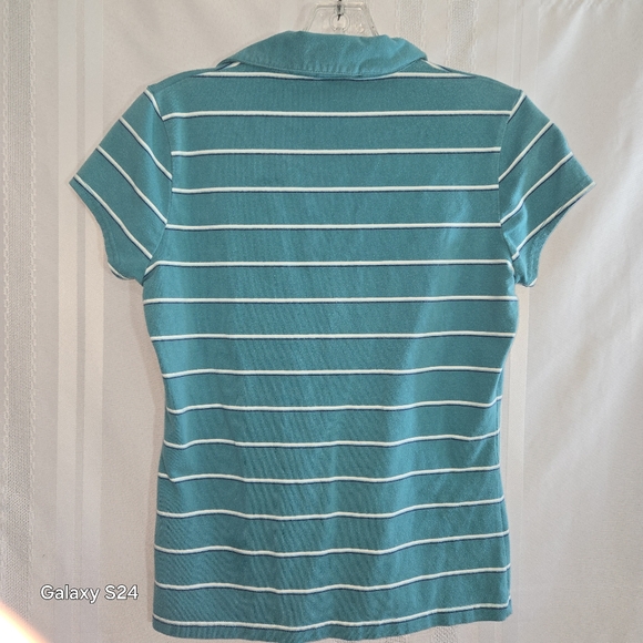 ENERGIE GIRLS TOP 3-BUTTON FRONT COLLAR SHORT SLEEVES TEAL WHITE STRIPE SIZE LG - Picture 6 of 10